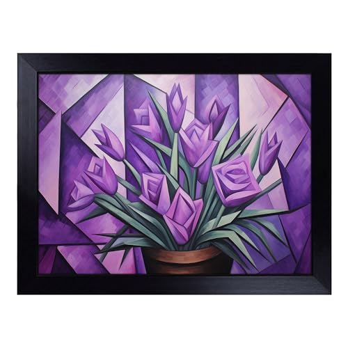 Lap Tray with Bean Bag Cushion, Lavender Flower Cubism - Handmade in the UK, Raised Wooden Edge, Padded Cushion, Heat-Resistant Wipe-Clean Surface, for Meals, Laptops and Crafts