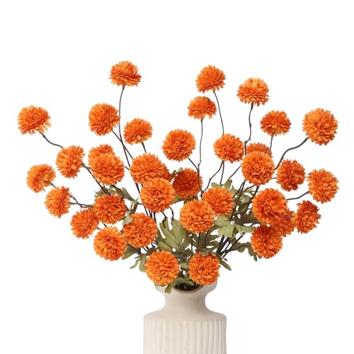 DuHouse 6pcs Artificial Flowers Faux Silk Pompon Mum,Silk Small Mini Chrysanthemum Ball with Stems for DIY Bouquets Centerpieces Vase Home Table Kitchen Decorations(Orange)