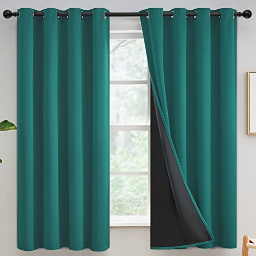Yakamok 100% Blackout Curtains for Bedroom 63 Inch Length, Teal Total Light Blocking Drapes with Black Backing, Thermal Insulated Solid Grommet Panels for Living Room, 52Wx63L, 2 Panels