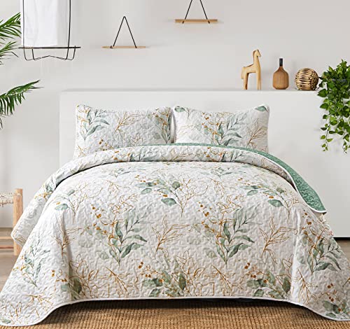 "Anibedding 3 Pieces Queen Quilt Set, Botanical Green Leaves Reversible Bedding Soft Microfiber Bedspread Bed Cover for All Season (90"" x 90"", 1 Quilt+ 2 Pillow Shams)"