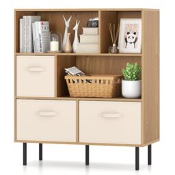 SFAREST 6 Cube Storage with 3 Baskets, Freestanding Wooden Bookcase with 5 Metal Legs & Removable Drawers, 105cm Tall Storage Cabinet for Bedroom Living Room Home Office (Natural+Beige)