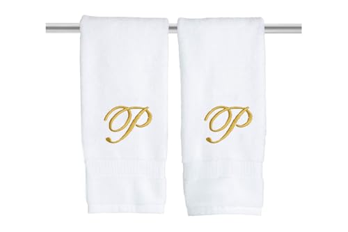 Decorvo White Monogrammed Hand Towels for Bathroom - Luxury Hotel Quality Personalized Initial Embroidered Towel for Powder Room, Spa - GOTS Organic Certified - Pack of 2 Gold, Letter P