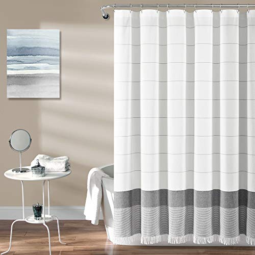 "Lush Decor White Woven Cotton Shower Curtain with Gray Stripe and Tassel Fringe, Bathroom Accessories (72"" x 72"")"