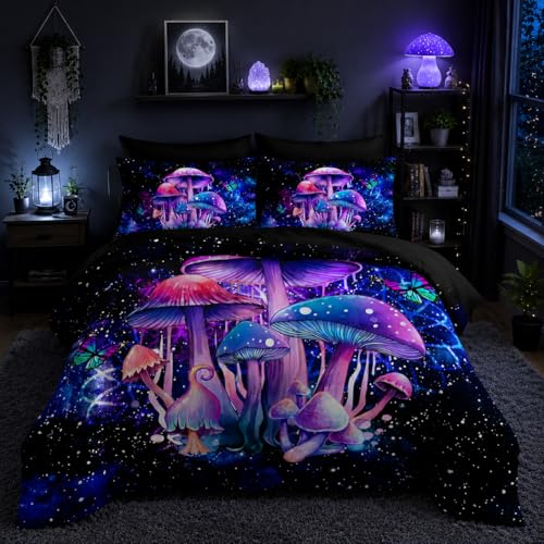 Nttopship Fantasy Mushrooms Comforter Set Twin,Galaxy Fantasy 7 Pieces Bedding Set for Teens Kids,Light Mushroom Bedding Set 7 Piece in A Bag???Mushroom Bed Comforters Bedding Sets for All Season