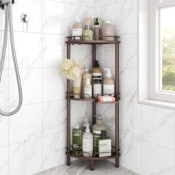 ELYKEN Corner Shower Caddy Standing, 3 Tier Metal Shower Organizer, Bronze - Stainless Steel Shower Shelves with Soap Holder, Adjustable Feet & 2 Hooks for Storing Bath Essentials in Bathroom corner