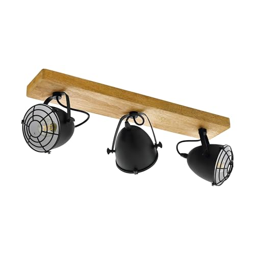 Eglo Gatebeck Ceiling lamp, 3-Light Vintage Ceiling Fixture, Industrial Retro Spotlight Made of Black Steel and Natural Wood, Living Room Light, Kitchen lamp with E14 Socket