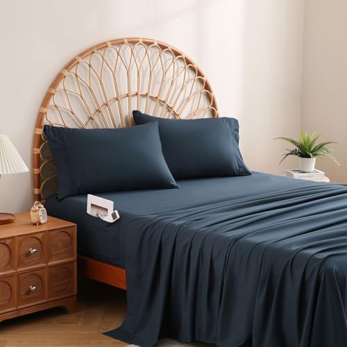 JSD Navy Blue King Sheet Set with Side Pocket Corner Straps, 4 Piece Soft Microfiber Bed Sheets Extra Deep Pocket