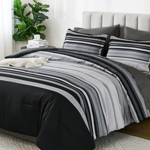 Dobuyly Grey King Size Comforter Set 7 Pieces, Striped Bed in a Bag Soft Microfiber All Season Boho Bedding Set with Comforter, Sheets, Pillowcases & Shams