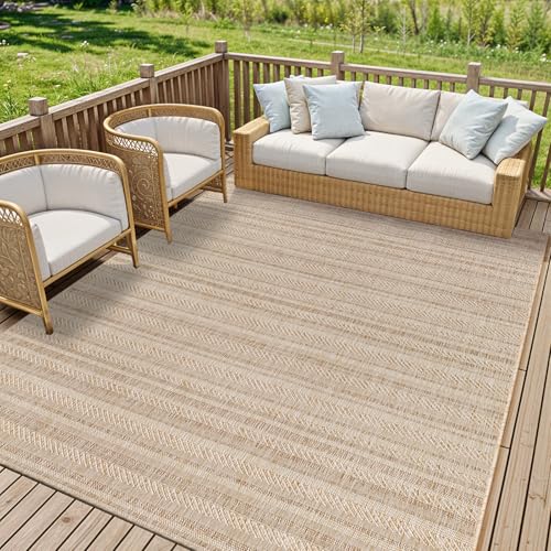 Livabliss Kavita Ibiza Indoor Outdoor Floor Covering 200x275 cm – Boho Pattern for Living Room, Patio & Dining, Waterproof, Stain-Resistant, Beige, Brown & Cream