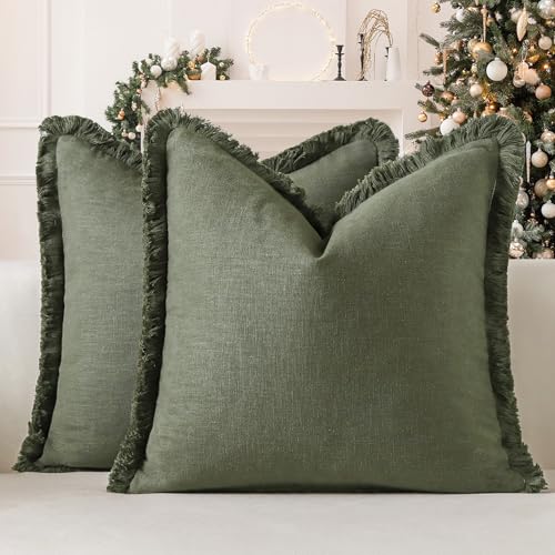 OTOSTAR Set of 2 Linen Fringe Decorative Throw Pillow Covers 24x24 Inch Soft Accent Cushion Covers with Tassels Boho Farmhouse Home Decor Pillowcases for Sofa Couch Patio Bed Living Room, Olive Green