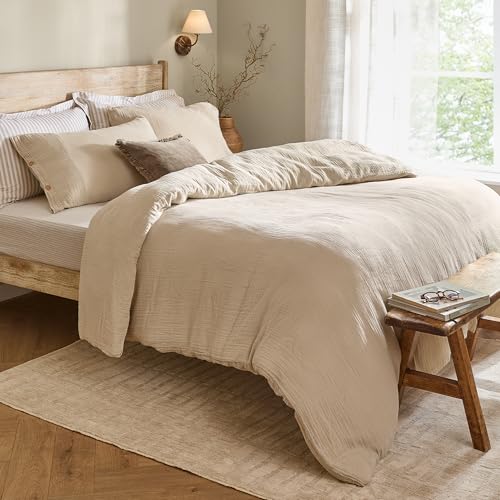 Yard furn Lark Cotton Muslin Duvet Cover Set - Soft Crinkle Texture Bedding (Natural - Double)