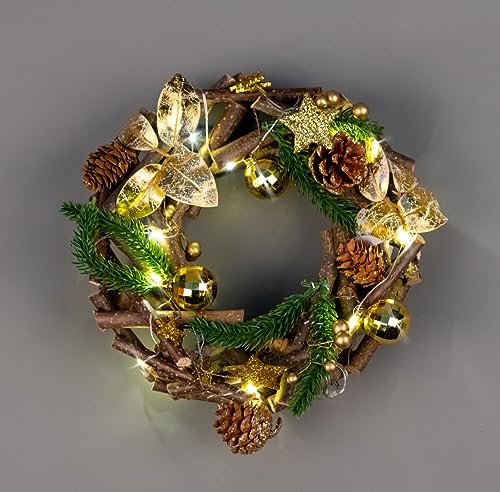 22cm Prelit Wreath Battery Operated - Wooden Twigs Base Decorated with Golden Baubles,Berries,Leaves,Stars,Foliage,Pine Cones, Micro Rice LED Lights - Christmas Home Hanging Decoration