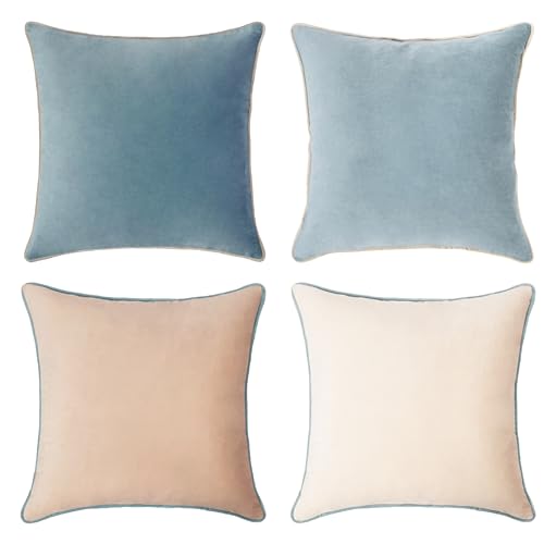 MONDAY MOOSE Decorative Throw Pillow Covers Cushion Cases, Set of 4 Soft Velvet Modern Double-Sided Designs, Mix and Match for Home Decor, Pillow Inserts Not Included (16x16 inch, Beige/Light Blue)