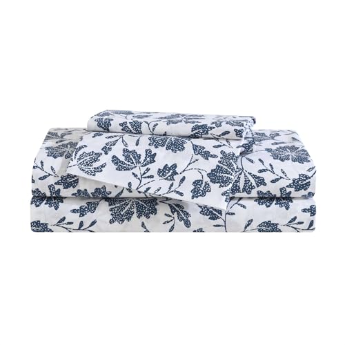 Eddie Bauer - Twin Sheet Set, Premium Cotton Percale Bedding Set, Floral Home Decor, Oeko-Tex Certified (Woodblock Floral Blue, Twin)