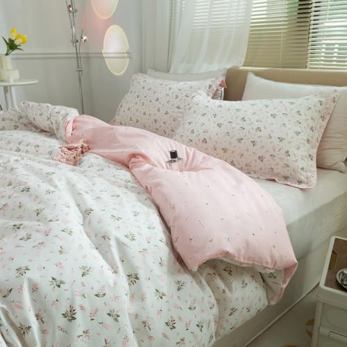 VM VOUGEMARKET Girls Duvet Cover Twin Pink White Flower Bedding Set 100% Cotton Teen Girls Floral Comforter Cover with Zipper Ties(3pcs,Twin)
