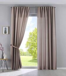 Gardinenbox Set of 2 Cationic Jena Opaque Linen Look Curtains Mottled Curtain Tape with Tie Backs, 100% Polyester, Taupe, H 145 x W 140 cm