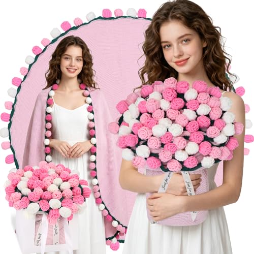 "KIVEE Rose Flower Bouquet Blanket, Birthday Gifts for Friends Mom Wife Mothers Day Anniversary Wedding, Pink Floral Crochet Knitted Blankets Housewarming Gifts Box Home Decor for Bed Couch 43"""