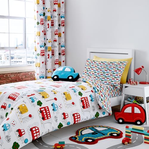 Catherine Lansfield Transport Duvet Cover 135 x 200 + 80 x 80 + Fitted Sheet White 90 x 200 + 1 Pillowcase 80 x 80 cm White