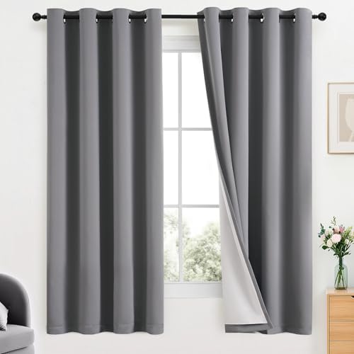 Yakamok Grey Room Darkening 100% Blackout Curtains Grommet Window Treatments with 2 Thick Layers-Gray Thermal Insulated Drapes Set of 2 Panels for Bedroom Living Room 52 Inches by 63 Inches Length
