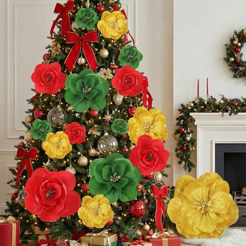 Humyoun Giant Paper Flowers Artificial Paper Flower Decorations for Wedding Graduation Bridal Shower Birthday Handcrafted Wall Backdrop Table Centerpieces Party Supplies (Christmas Colors,18 Pcs)
