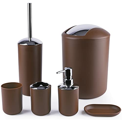 Papillon Bathroom Accessories Set-6 Piece Plastic Gift Set Toothbrush Holder,Toothbrush Cup,Soap Dispenser,Soap Dish,Toilet Brush Holder,Trash Can,Tumbler Straw Set Bathroom (Coffee)