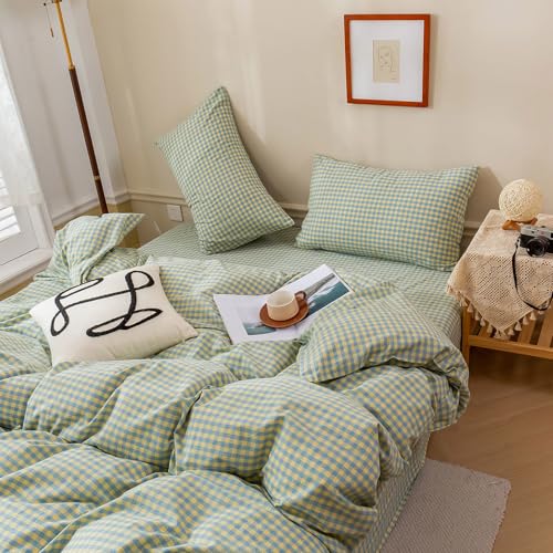 LifeTB Queen Comforter Set Blue Yellow Gingham Comforter with 2 Pillowcases Modern Style Geometric Plaid Comforter 3 Pieces Farmhouse Gingham Bedding Set Fluffy Grid Checkered Comforter Set