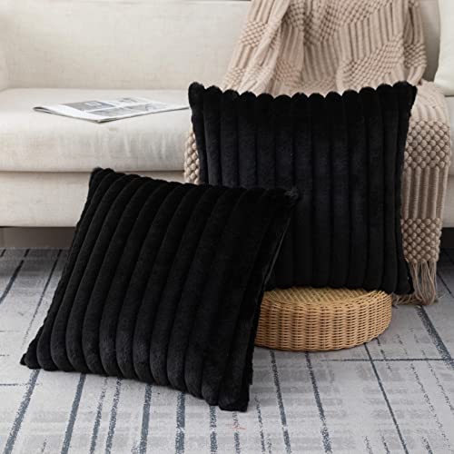 ZLINA Set of 2 Black Faux Fur Decorative Throw Pillow Covers Fluffy Striped Pillowcase Cushion Covers 16 x 16 Inch Decor Sofa Couch Bedroom