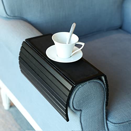 "Bamboo Wood Sofa Arm Tray Table - Flexible/Foldable. Perfect for Drinks, Snacks, Remote Control or Phone. (16.5""L x 13.25""W x 0.4""H, Black)"