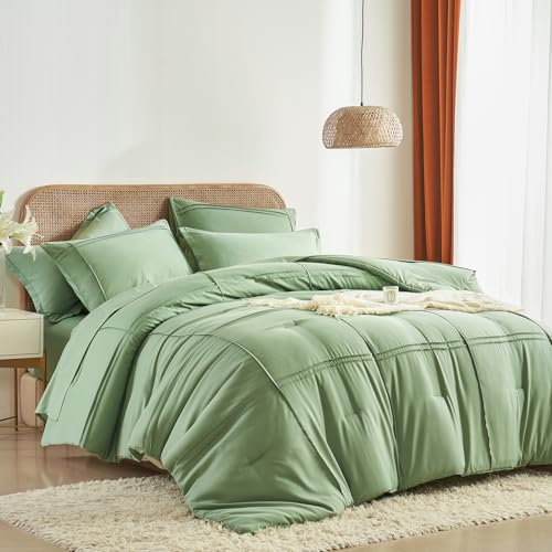Yogeneg Full Size Comforter Set 7 Piece Bed in a Bag,Grid Pinch Pleat Sage Green Bedding Set,Striped Textured Soft Microfiber Comforter with Sheet Set,All Season Complete Bed Set(Sage Green,Full)