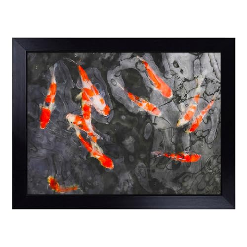 Lap Tray with Bean Bag Cushion, Carp & Koi Fish - Handmade in the UK, Raised Wooden Edge, Padded Cushion, Heat-Resistant Wipe-Clean Surface, for Meals, Laptops and Crafts