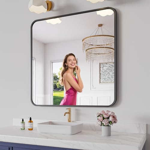 Koonmi Bathroom Mirror, 36X36 Inch Black Metal Framed Mirror for Bathroom, Tempered Glass, Anti-Rust, Rounded Rectangle Mirror for Restroom, Bedroom, Black