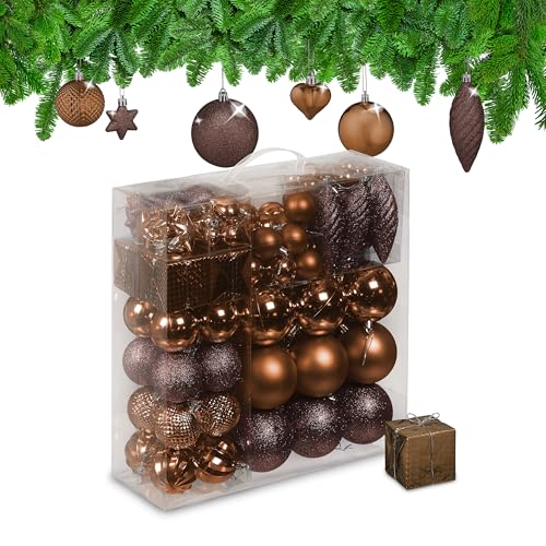 Relaxdays Christmas Baubles, Set of 110, Glittery, Matt & Shiny Ornaments, Plastic Decorations, HxD: 9 x 8 cm, Brown