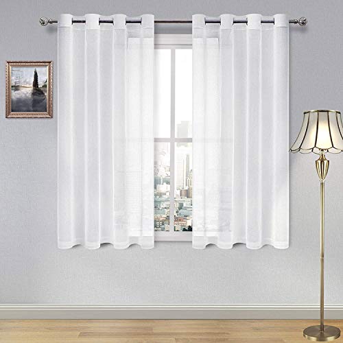 DWCN White Sheer Curtains Linen Look Grommet Bedroom Curtains,Set of 2 Small Window Curtain Panels, 52 x 45 inch Long