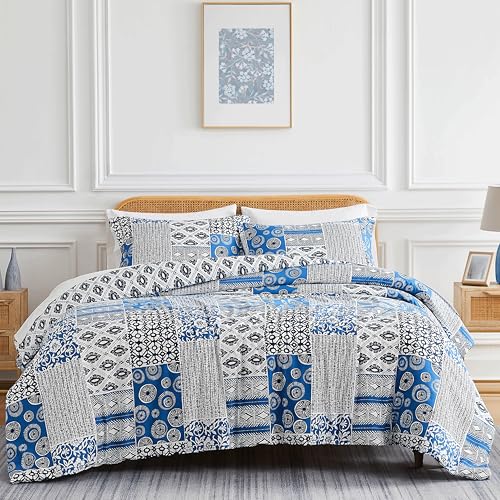 Southshore Fine Living, Inc. Reversible Patchwork Duvet Cover King Size Set, California King Duvet Cover Boho Set, Hotel Quality Bedding King/Cal King, 2 Blue Pillow Shams - Global Patchwork Blue