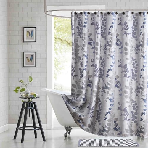 "BESTRIPES Extra Long Fabric Shower Curtain, Gray and Blue Botanical Branch Leaf Print, Waterproof Bathroom Curtain, 72"" W x 84"" H"