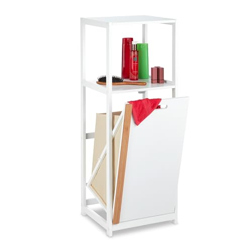 Relaxdays Bathroom Shelf with Laundry Basket, 2 Shelves, Folding Washing Hamper, MDF & Bamboo, 98x36x30cm, White/Natural