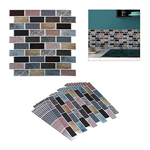 Relaxdays Tile Stickers, Stone Effect, Set of 10, Self-Adhesive, Kitchen & Bathroom, 31 x 31 cm, Wall Decal, Colourful