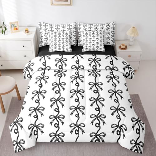 Erosebridal Black Bow Tie Queen Bedding Set 7Pc - Ribbon Bows Bowtie Comforter Set with Sheets for Girls Kids Women, Girly Princess Bow Knot Fitted Flat Sheet, Cute Coquette Bowknot Bed Set
