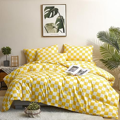 Houseri Plaid Comforter Set - Full Size Yellow Grid Bedding - Teen Girls Preppy Dorm Bedding