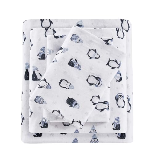 Intelligent Design Cozy Soft 100% Cotton Flannel Novelty Print Animals Stars Cute Warm, Ultra Soft Cold Weather Sheet Set Bedding, Full, Blue Penguins 4 Piece