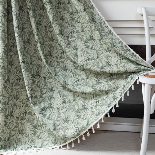 ENJOYBRIDAL Green Leaf 63 Inch Curtains 2 Panel Set Farmhouse Short Drapes Semi Sheer Rod Pocket Bedroom Rustic Window Curtain Panels Living Room Boho Aesthetic Country Tassel Window Treatments