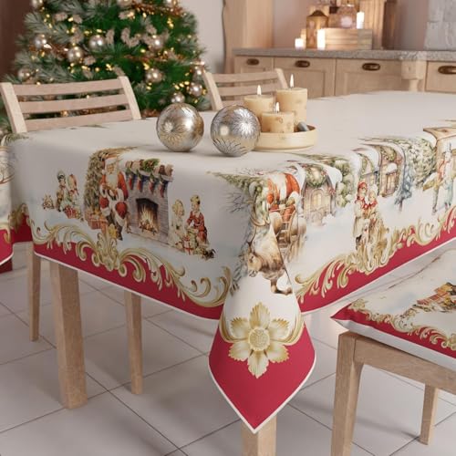 PETTI Artigiani Italiani - Christmas Tablecloth Stain Resistant Rectangular Table Cover for Kitchen, Vintage Xmas Design, 140x300 cm, 100% Made in Italy