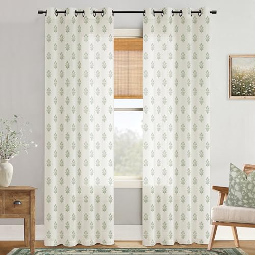 Botanical Curtains Green Leaf Print,Vine Sheer Unique Boho Floral Eclectic Chinoiserie Curtains for Bedroom Living Room 96 Inches Long
