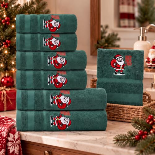 Peryiter 6 Pack Cotton Christmas Bath Towels Set, Green Santa Claus Towels - 100% Cotton, Embroidered Towels for Bathroom, Soft and Absorbent, Contains 2 Bath Cloth, 2 Hand Cloth and 2 Wash Cloths