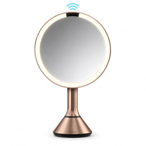 simplehuman Sensor Mirror One, Round Makeup Mirror with Lights, Rose Gold - Tru-Lux?? Full-Spectrum LED Light, 5x Magnification, Dual Light Settings, Adjustable Brightness