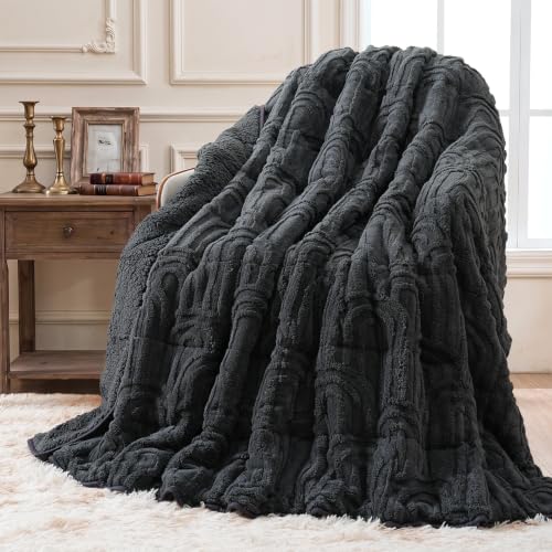 "Wemore Jacquard Fleece Weighted Blanket Queen 60"" x 80"" 15lbs Dark Grey - Dual-Sided Fluffy Sherpa Fleece, for Better Sleep, Relaxation and Calm, Washable, Arch Jacquard, Gift for Women and Men"