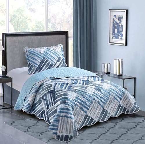 Brilliant Sunshine Blue and Grey Stripe Blocks Patchwork, 2-Piece Quilt Set with 1 Sham, Reversible Bedspread, Soft Lightweight Coverlet, All-Season, Twin, Blue Grey