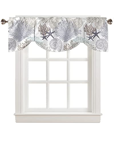 Tie Up Valance for Windows Nautical Coastal Ocean Coral Curtains Valances Rod Pocket Valance Window Treatments Beach Themed Grey Balloon Curtains for Kitchen Living Room Bedroom Bathroom 42x18
