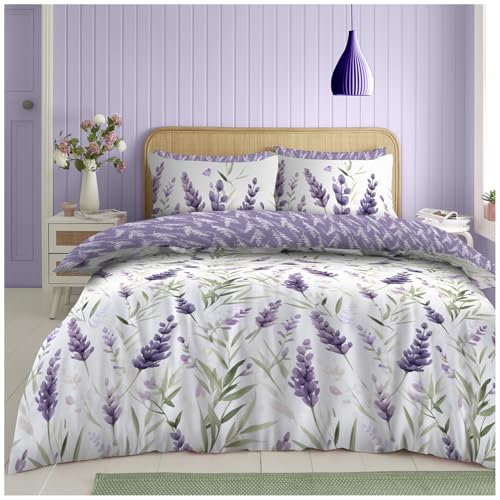 GC GAVENO CAVAILIA Floral Bedding Double Bed Set (200x200 cm), Reversible Leaf Duvet Cover With Pillowcases, Breathable Bed Covers Double Bed, Lavender