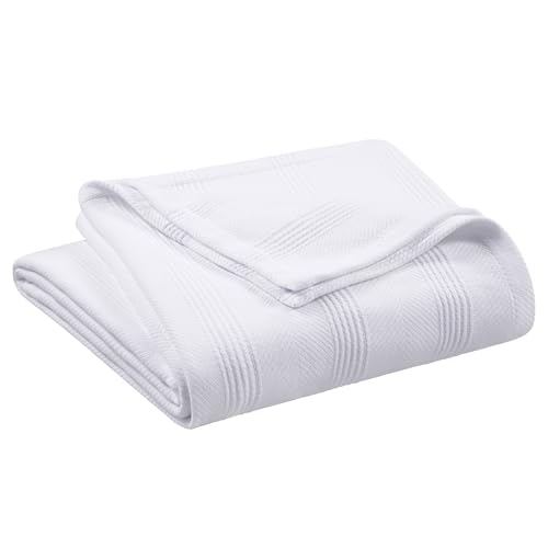 Vellux 100% Cotton Twin Size Herringbone Blanket - Super Soft Breathable Lightweight Throw Blanket - All-Season Classic White Blanket